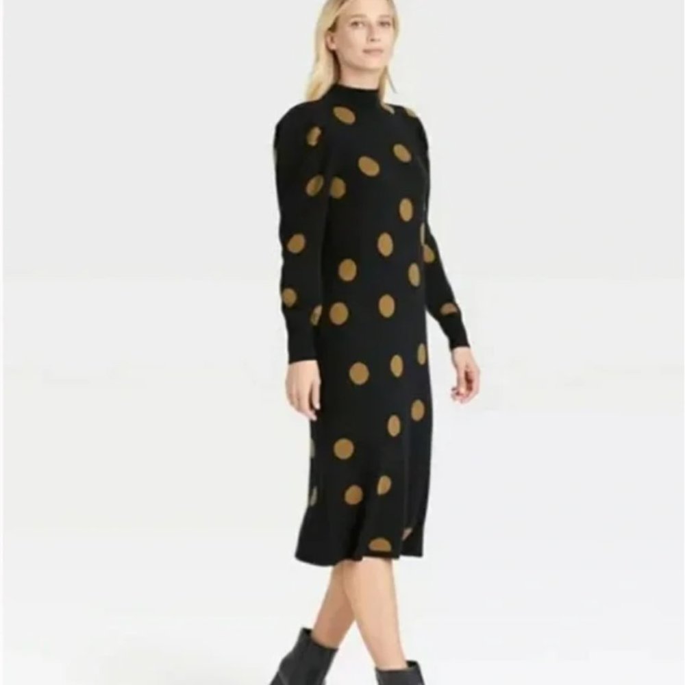 NWT Black with Tan "Tossed Dots" Puff Long Sleeve Sweater Dress Size S